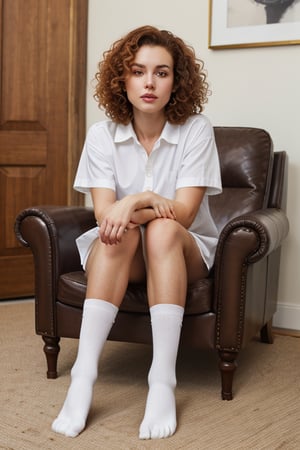 photorealistic, masterpiece, HD quality, raw photo, beautiful girl, full body, low-key, white skin, super detailed eyes and face, curly hair, redhead, beautiful legs, white men's shirt, white socks, white panties leather armchair, 
curled up