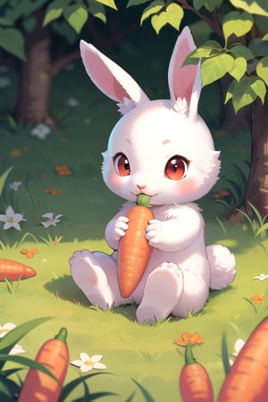 baby rabbit, white fur, red eyes. sitting on its hind legs in the grass. eating a carrot. holding the carrot with his hands.