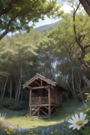 bosque frondoso con pasto alto. terreno ascendente con un tronco caido con hongos en el tronco. bajo el tronco una madriguera de conejo y flores pequeñas azules. fuera de la madriguera un conejo azul (foco de imagen) comiendo pasto con tres conejos bebes