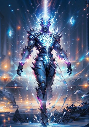 humanoid creature of feminine appearance, (composed of translucent crystals, inside luminous energy running through the body, the outer layer of the crystal that makes up the body looks solidified and in the form of plates, as if it were an armor attached to the body, with elaborate designs that allow fluid movement. coming out of his head, light energy that resembles human hair), he has a face similar to a human, with large and beautiful bright eyes, full of light energy, a silhouette similar to a nose and beautiful full lips. It is levitated just a few centimeters above the ground due to electric fields. ( rostro super detallado, cuerpo super detallado), visto de costado