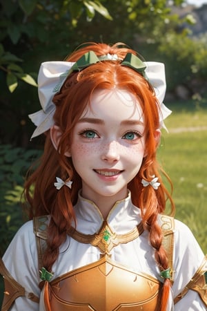 realistic image, HD, 4k, full body, white-skinned dwarf girl, Wearing heavy armor from lineage 2 game, freckles on cheekbones and nose, beautiful face, big green eyes, smiling (long wavy orange hair with bows on one side of the head, hair covering ears), small but stocky body,