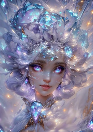 super detailed image, HD, 4k, full body, humanoid creature with a feminine appearance, composed of translucent crystals of light blue color, soft texture similar to candy, inside luminous energy running through its body. (Hair, condensed energy with a jelly-like texture, continuously expelling energy), Has a human-like face, (large bright violet eyes, full of light energy), a nose-like silhouette, beautiful feminine full lips , (super detailed face, super detailed body),