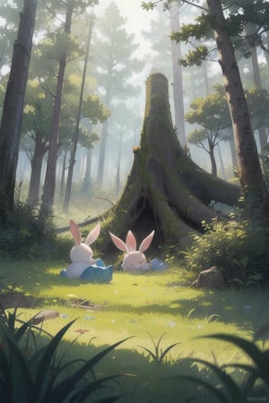 lush forest with tall grass. rising terrain with a fallen trunk. under the trunk a rabbit hole. out of the burrow a blue rabbit eating grass with three baby rabbits