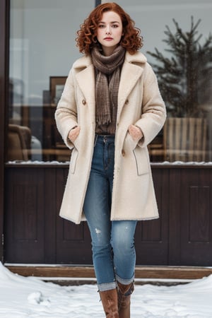 photorealistic, masterpiece, HD quality, raw photo, beautiful girl, full body, low-key, white skin, super detailed eyes and face, curly hair, redhead, beautiful legs, winter clothes, leather armchair, sitting, drinking coffee, holding cup with both hands, blowing coffee