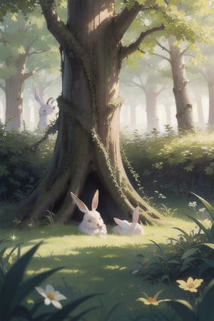 lush forest with tall grass. rising terrain with a fallen trunk. under the trunk a rabbit hole. out of the burrow a blue rabbit eating grass with three baby rabbits