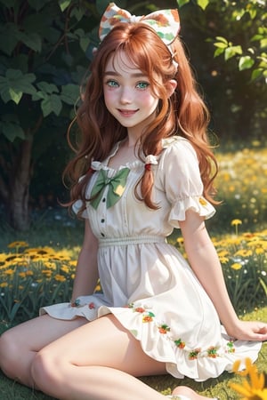 realistic image, HD, 4k, full body, dwarf girl with white skin, freckles on cheekbones and nose, beautiful face, big green eyes, smiling (long wavy orange hair with bows on one side of the head), petite but stocky body, nice legs, cute summer short dress, in flower field