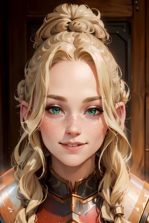 hyperrealistic image, HD, 4k, full body, lord of the rings style dwarf, white-skinned dwarf girl (with metal armor, black metal, full breastplate, metal gauntlets, metal pants, metal boots), carrying two-handed sledgehammer, freckles on cheekbones and neck nose, beautiful face, big green eyes, smiling (long wavy blonde hair with buns on the side of the head, hair covering the ears), small but stocky body, standing, random pose