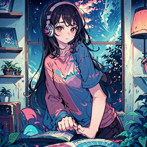 Lofi art of a Anime Girl in her bedroom looking through a medium sized window. She is 14 years old, brown hair, long hair, long_ponytail, brown eyes, dark red shirt, white shorts, headphone. sitted on a chair in front of a desk, A magical baculum at the side of the desk, cd cases, pencils, decorative items such as miniatures and plants such as cacti, there is a magical aura on the city nights, night sky beyond the window. there is some bookshelves, bed, Teenage girl room, her look remind of fire.,LOFI,LOFI GIRL,STYLE,ghibli style,clamp