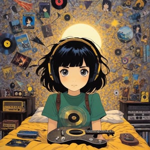 Lofi art of Rocker Girl in her bedroom lying on the bed with her guitar. guitars, rocker bedroom. 14 years old, black hair, short hair with blunt cut and emo fringe. black eyes, yellow shirt, black shorts, headphone. A magical arrow at the side of her bed, cd cases, vinyl discs, decorative items such as action figures, film and power metal posters on the wall, bed, girl room, her look remind of thunder.,LOFI,LOFI GIRL,STYLE,ghibli style,clamp