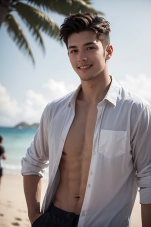 high resolution, masterpiece, 1guy, ((handsome man with nice body, face similar to Sam Clafin, body not so worked out, blond with a little beard, messy hair, smiling, honey-colored eyes, wearing only a shirt open black with no shirt underneath)), facing the viewer, standing leaning against a wooden column, ((beach in the background, sea in the background, palm trees, birds, blurred people in the distance))