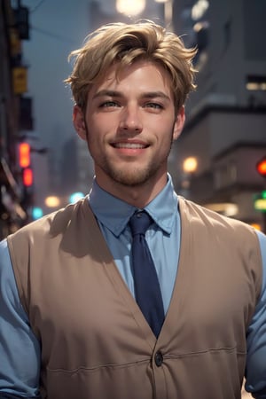 high resolution, masterpiece, ((handsome man, man's face, strong jaw, normal body, ((short blond hair, disheveled, messy)), with a little beard, very smiling, (((light brown eyes)) ), elegantly dressed in blue-grey, bluish shirt, no shirt underneath, with gray jogging pants, looking at viewer, ((Background night city))