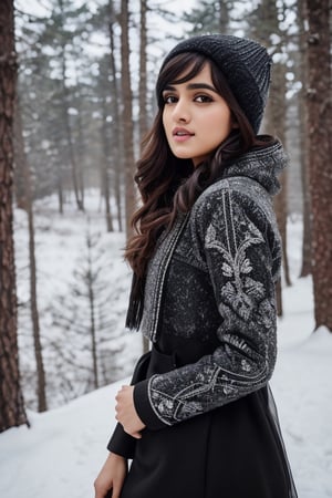 photorealistic,  masterpiece,  best quality,  raw photo, hot  Indian model Shirley setia , beautiful black hair, trendy winter wear, snow fall forest background ,  intricate detail,  detailed skin,  highres,  hdr,