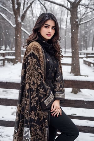 photorealistic,  masterpiece,  best quality,  raw photo, hot  Indian model Shirley setia , natural breasts, beautiful black hair,trendy winter wear, snow fall environment,  high heels ,  intricate detail,  detailed skin,  highres,  hdr,
