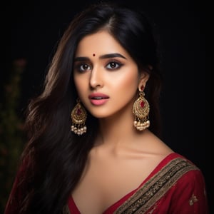 (8k, RAW photo, best quality, masterpiece:1.2),(realistic, photo-realistic:1.37),gorgeous Indian model Shirley setia , solo, jewelry, earrings, black hair, long hair, looking at viewer, black eyes, realistic, makeup, upper body, black background, breasts, red lips, collarbone, simple background, cleavage, eyeshadow, multicolored hair 