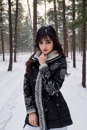 photorealistic,  masterpiece,  best quality,  raw photo, hot  Indian model Shirley setia , beautiful black hair, trendy white winter wear, looking gorgeously seductive , snow fall forest background, playing with snow ,  intricate detail,  detailed skin,  highres,  hdr,