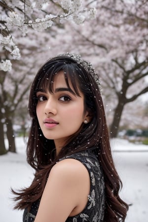 photorealistic,  masterpiece,  best quality,  raw photo, hot  Indian model Shirley setia , beautiful black hair, trendy Christmas wear, looking gorgeous, model pose , snow falling on Sakura tree background, playing with snow ,  intricate detail,  detailed skin,  highres,  hdr,