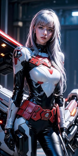 Best picture quality, high resolution, 8k, realistic, sharp focus, realistic image of elegant lady, lisa, supermodel, pure white hair, blue eyes, wearing high-tech cyberpunk style blue Batgirl suit, radiant Glow, sparkling suit, mecha, perfectly customized high-tech suit, ice theme, custom design,swordup, looking at viewer,lisa