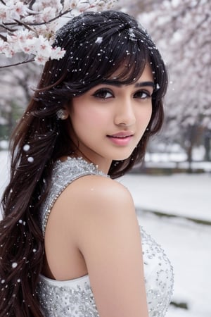 photorealistic,  masterpiece,  best quality,  raw photo, hot  Indian model Shirley setia , beautiful black hair, trendy Christmas wear, looking gorgeous, model pose , snow falling on Sakura tree background, playing with snow ,  intricate detail,  detailed skin,  highres,  hdr,