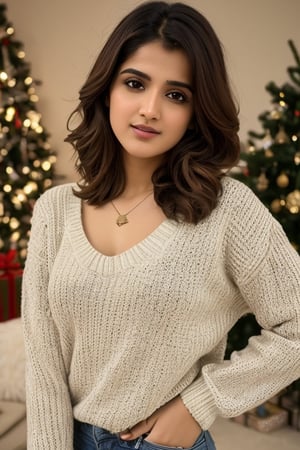Photorealism, raw photo, masterpiece, best quality, absurdres, perfect anatomy, Indian model Shirley setia, solo, Christmas themed sweater ,natural breast, seductive pose , classy Christmas background 