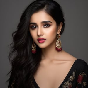 (8k, RAW photo, best quality, masterpiece:1.2),(realistic, photo-realistic:1.37),gorgeous Indian model Shirley setia , solo, jewelry, earrings, black hair, long hair, looking at viewer, black eyes, realistic, makeup, upper body, black background, breasts, red lips, collarbone, simple background, cleavage, eyeshadow, multicolored hair 