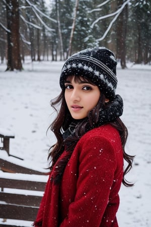 photorealistic,  masterpiece,  best quality,  raw photo, hot  Indian model Shirley setia , beautiful black hair, trendy red winter wear, looking gorgeously seductive , snow fall forest background, playing with snow ,  intricate detail,  detailed skin,  highres,  hdr,