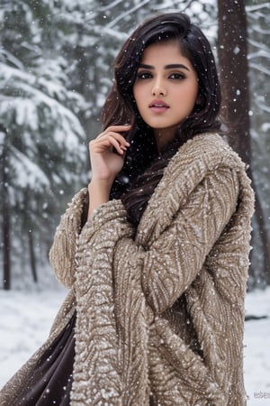photorealistic,  masterpiece,  best quality,  raw photo, hot  Indian model Shirley setia , beautiful black hair, trendy winter wear , high heels , snow fall forest background ,  intricate detail,  detailed skin,  highres,  hdr