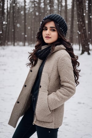 photorealistic,  masterpiece,  best quality,  raw photo, hot  Indian model Shirley setia , beautiful black hair, trendy winter wear, playing with snow , snow fall forest background ,  intricate detail,  detailed skin,  highres,  hdr,