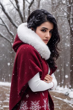 photorealistic,  masterpiece,  best quality,  raw photo, hot  Indian model Shirley setia , beautiful black hair, trendy red winter wear, looking gorgeously seductive , snow fall Sakura forest background, playing with snow ,  intricate detail,  detailed skin,  highres,  hdr,
