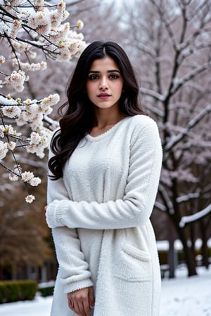 photorealistic,  masterpiece,  best quality,  raw photo, hot  Indian model Shirley setia , beautiful black hair, detailed skin, trendy white winter wear, looking gorgeous , snow falling on Sakura tree background ,  intricate detail,  highres,  hdr,
