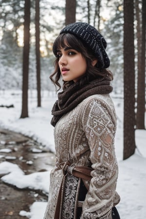 photorealistic,  masterpiece,  best quality,  raw photo, hot  Indian model Shirley setia , beautiful black hair, trendy winter wear, looking seductive , snow fall forest background ,  intricate detail,  detailed skin,  highres,  hdr,