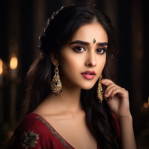 (8k, RAW photo, best quality, masterpiece:1.2),(realistic, photo-realistic:1.37),gorgeous Indian model Shirley setia , solo, jewelry, earrings, black hair, long hair, looking at viewer, black eyes, realistic, makeup, upper body, black background, breasts, red lips, collarbone, simple background, cleavage, eyeshadow, multicolored hair, game of thrones cinematic 