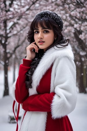photorealistic,  masterpiece,  best quality,  raw photo, hot  Indian model Shirley setia , beautiful black hair, trendy red Christmas dress with fur, looking gorgeous, model pose , snow falling on Sakura tree and Christmas tree background, playing with snow ,  intricate detail,  detailed skin,  highres,  hdr,