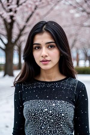 photorealistic,  masterpiece,  best quality,  raw photo, hot  Indian model Shirley setia , long black hair, clear skin, trendy winter wear, looking gorgeous , snow falling on Sakura tree background ,  intricate detail,  highres,  hdr,