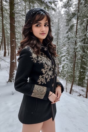 photorealistic,  masterpiece,  best quality,  raw photo, hot  Indian model Shirley setia , beautiful black hair, trendy winter wear, looking gorgeous , snow fall forest background ,  intricate detail,  detailed skin,  highres,  hdr,