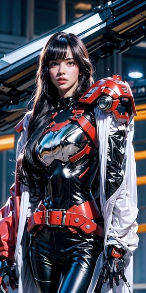 Best picture quality, high resolution, 8k, realistic, sharp focus, realistic image of elegant lady, lisa, supermodel, black hair, blue eyes, wearing high-tech cyberpunk style blue Batgirl suit, radiant Glow, sparkling suit, mecha, perfectly customized high-tech suit, ice theme, custom design,swordup, looking at viewer,lisa,Lisa blackpink