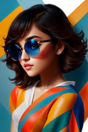 back photo with abstract illustrations for portfolio, front a beautiful girl Shirley setia with sunglasses 