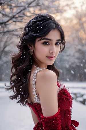 photorealistic,  masterpiece,  best quality,  raw photo, hot  Indian model Shirley setia , beautiful black hair, trendy red Christmas dress with fur, looking gorgeous, model pose , snow falling on Sakura tree and Christmas tree background, playing with snow ,  intricate detail,  detailed skin,  highres,  hdr,