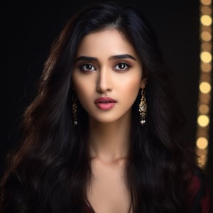 (8k, RAW photo, best quality, masterpiece:1.2),(realistic, photo-realistic:1.37),gorgeous Indian model Shirley setia , solo, jewelry, earrings, black hair, long hair, looking at viewer, black eyes, realistic, makeup, upper body, black background, breasts, red lips, collarbone, simple background, cleavage, eyeshadow, multicolored hair, game of thrones cinematic 