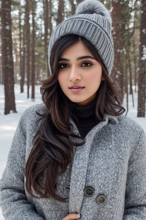 photorealistic,  masterpiece,  best quality,  raw photo, hot  Indian model Shirley setia , beautiful black hair, trendy winter wear, snow fall forest background ,  intricate detail,  detailed skin,  highres,  hdr,