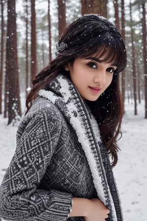 photorealistic,  masterpiece,  best quality,  raw photo, hot  Indian model Shirley setia , beautiful black hair, trendy winter wear, looking gorgeously seductive , snow fall forest background, playing with snow ,  intricate detail,  detailed skin,  highres,  hdr,