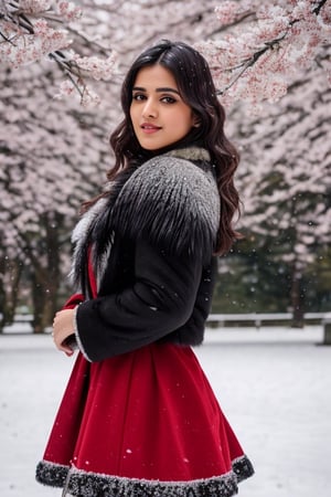 photorealistic,  masterpiece,  best quality,  raw photo, hot  Indian model Shirley setia , beautiful black hair, trendy red Christmas dress with fur, looking gorgeous, model pose , snow falling on Sakura tree background, playing with snow ,  intricate detail,  detailed skin,  highres,  hdr,
