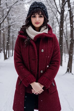 photorealistic,  masterpiece,  best quality,  raw photo, hot  Indian model Shirley setia , beautiful black hair, trendy red winter wear, looking gorgeously seductive , snow fall Sakura forest background, playing with snow ,  intricate detail,  detailed skin,  highres,  hdr,