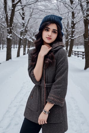 photorealistic,  masterpiece,  best quality,  raw photo, hot  Indian model Shirley setia , beautiful black hair, trendy  winter wear, looking gorgeous , snow fall Sakura forest background, playing with snow ,  intricate detail,  detailed skin,  highres,  hdr,