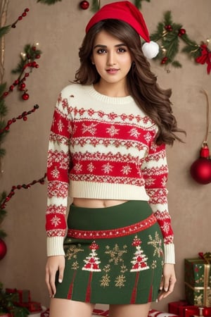 Photorealism, raw photo, masterpiece, best quality, absurdres, perfect anatomy, Indian model Shirley setia, solo, Christmas themed sweater and skirt ,natural breasts, model pose , classy Christmas background 