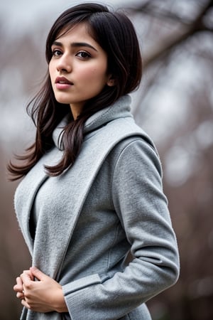 photorealistic,  masterpiece,  best quality,  raw photo, hot  Indian model Shirley setia , beautiful black hair, detailed skin, trendy winter wear, looking gorgeous , snow falling on Sakura tree background ,  intricate detail,  highres,  hdr,
