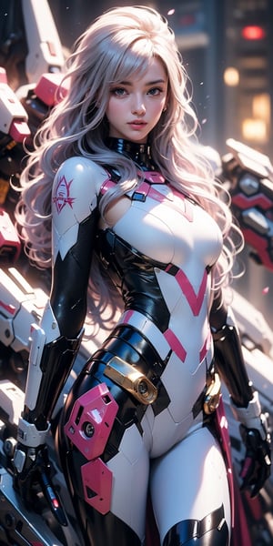 Best picture quality, high resolution, 8k, realistic, sharp focus, realistic image of elegant lady, Pakistani beauty, supermodel, pure white hair, blue eyes, wearing high-tech cyberpunk style blue Batgirl suit, radiant Glow, sparkling suit, mecha, perfectly customized high-tech suit, ice theme, custom design, 1 girl,swordup, looking at viewer,JeeSoo 