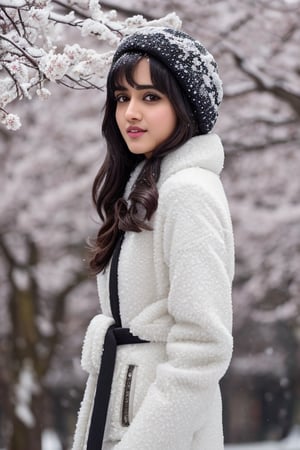 photorealistic,  masterpiece,  best quality,  raw photo, hot  Indian model Shirley setia , beautiful black hair, trendy  winter wear, looking gorgeous, model pose , snow falling on Sakura tree background, playing with snow ,  intricate detail,  detailed skin,  highres,  hdr,