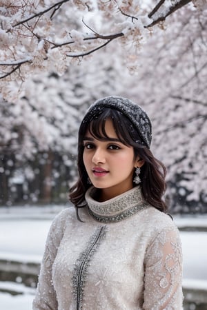 photorealistic,  masterpiece,  best quality,  raw photo, hot  Indian model Shirley setia , beautiful black hair, navel , trendy winter dress, snow falling on Sakura tree and Christmas tree background, playing with snow ,  intricate detail,  detailed skin,  highres,  hdr,