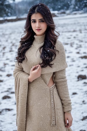 photorealistic,  masterpiece,  best quality,  raw photo, hot  Indian model Shirley setia , natural breasts, beautiful black hair,trendy winter wear, snow fall environment,  high heels ,  intricate detail,  detailed skin,  highres,  hdr,