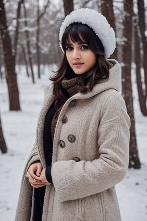 photorealistic,  masterpiece,  best quality,  raw photo, hot  Indian model Shirley setia , beautiful black hair, trendy winter wear, looking gorgeous , snow fall forest background ,  intricate detail,  detailed skin,  highres,  hdr,
